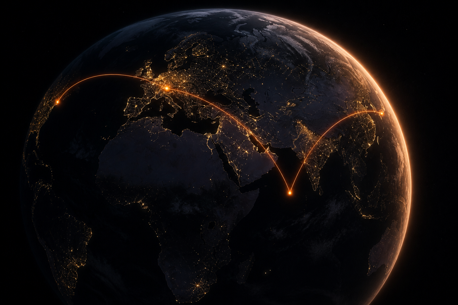 Night globe with private routes between cities